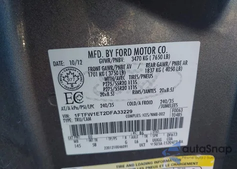 2013 Ford F-150 Fx4 из США, поврежденный, VIN 1FTFW1ET2DFA33229